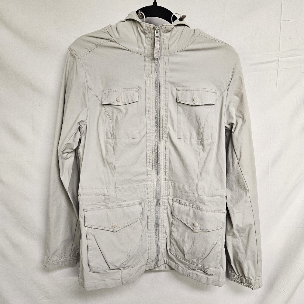 EDDIE BAUER Travex Women's Medium Gray Travel Jacket Full zip Hooded Pockets